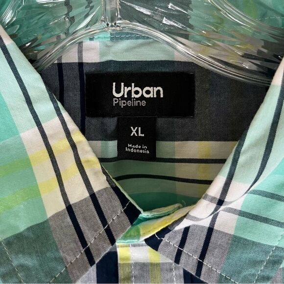 Urban Pipeline Button Down Shirt Boys Blue Yellow Plaid Short Sleeves XL - Picture 8 of 9